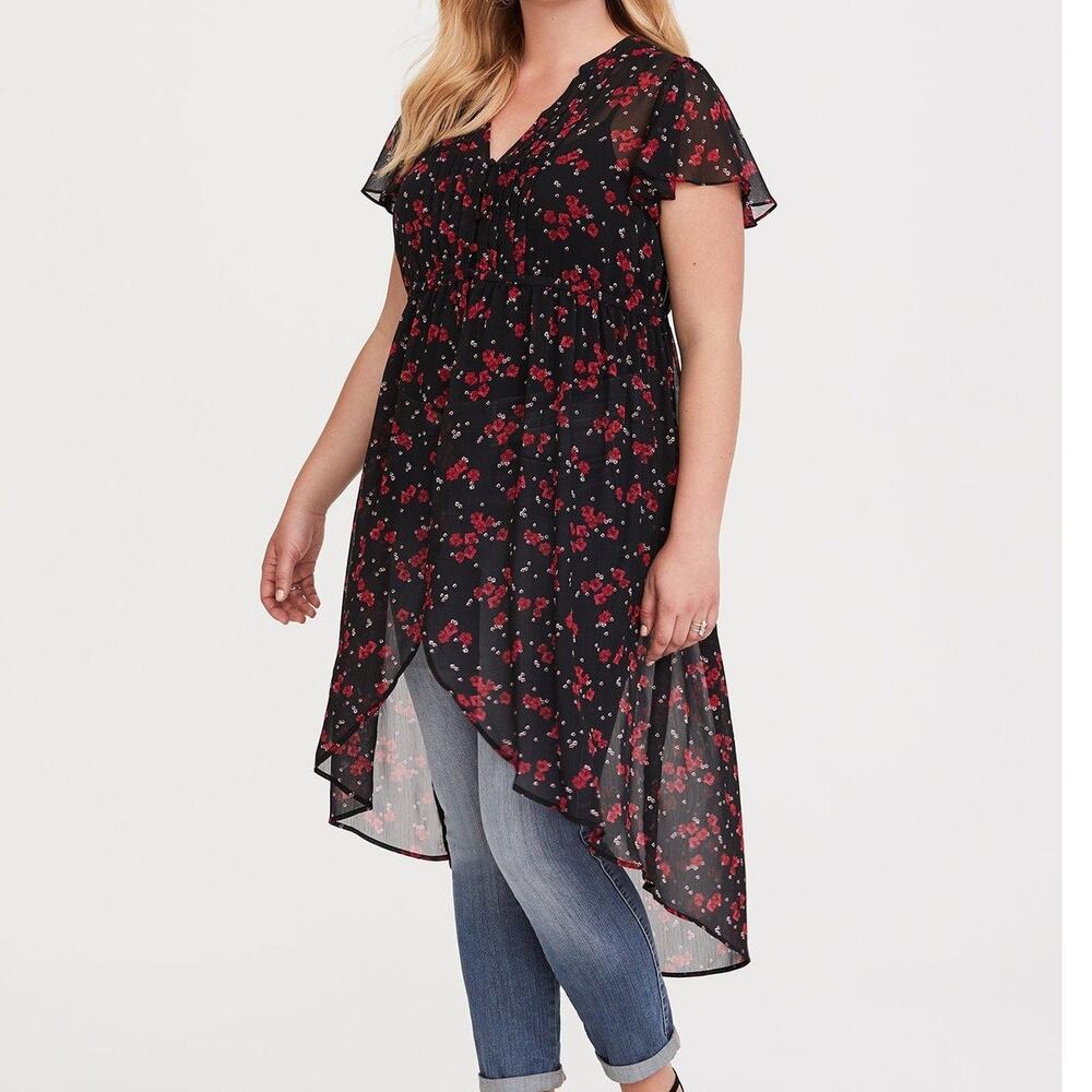 Torrid Women Floral Hilo Tunic Top Plus Size 2X Whimsygoth Dark Romantic Chiffon